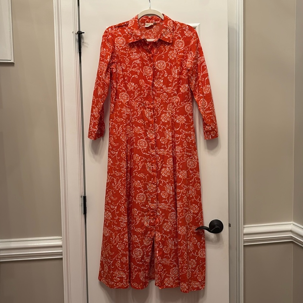 Button-Front Red Floral Midi Shirt Dress